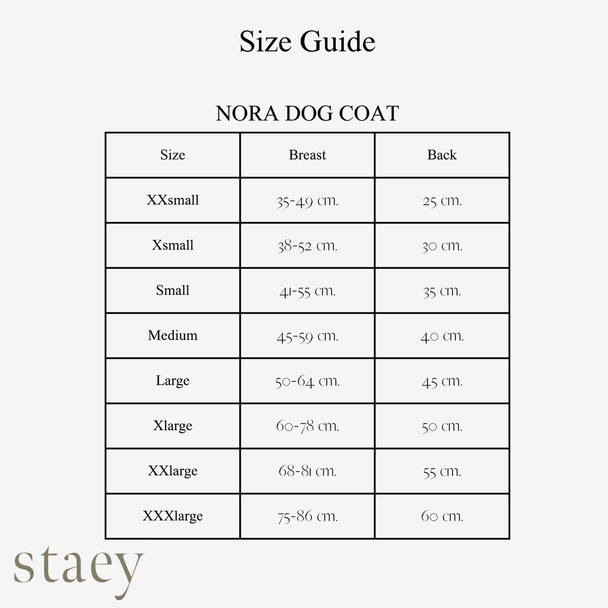 Storleksguide för hundkappan Nora: bröstvidd 35–86 cm och rygglängd 25–60 cm, i åtta storlekar