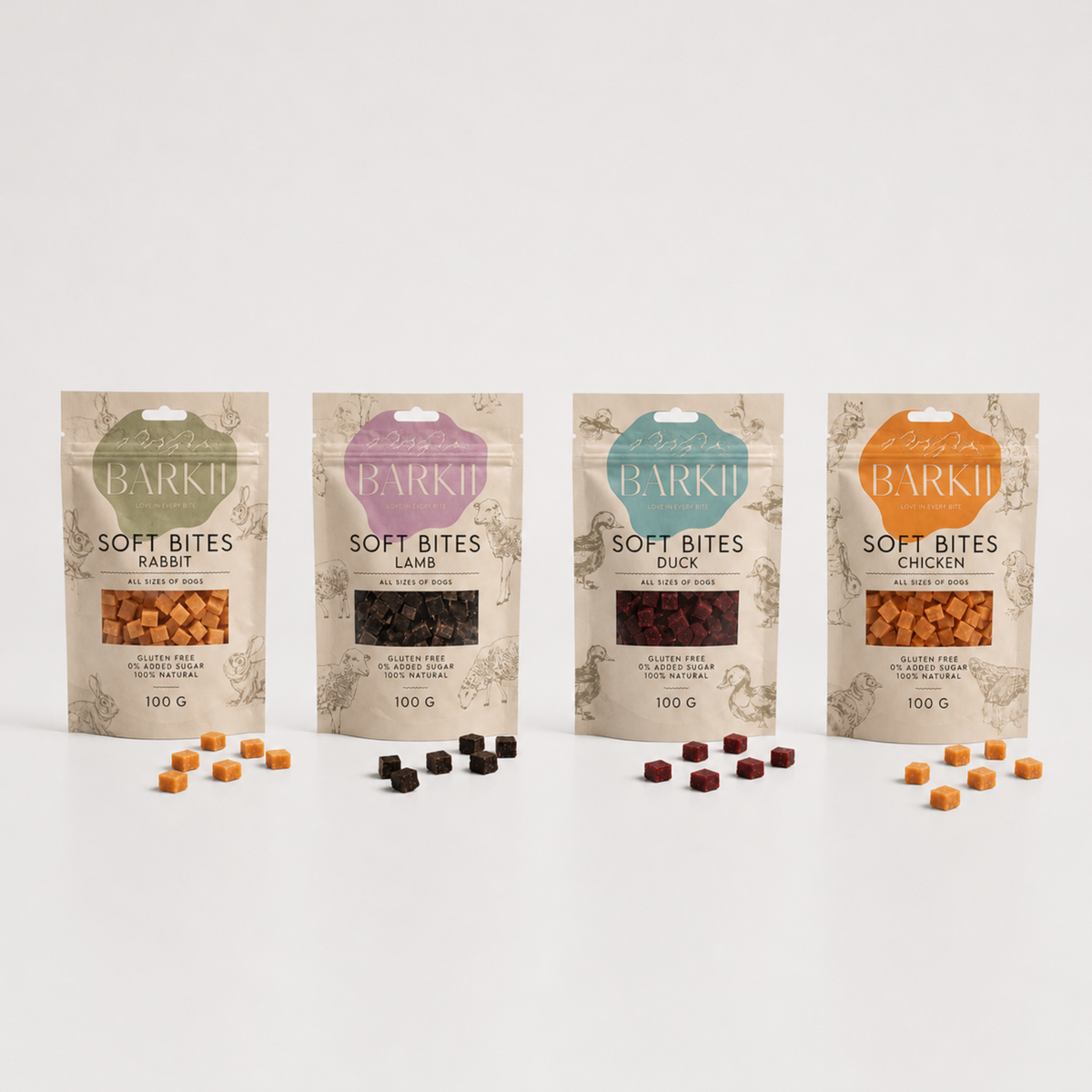 All four Barkii Soft Bites training treat pouches side by side