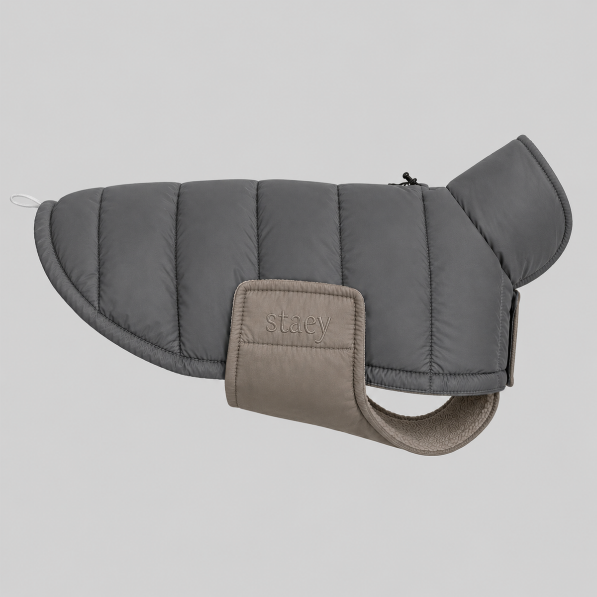 Nora quilted dog coat in storm grey with a taupe chest panel