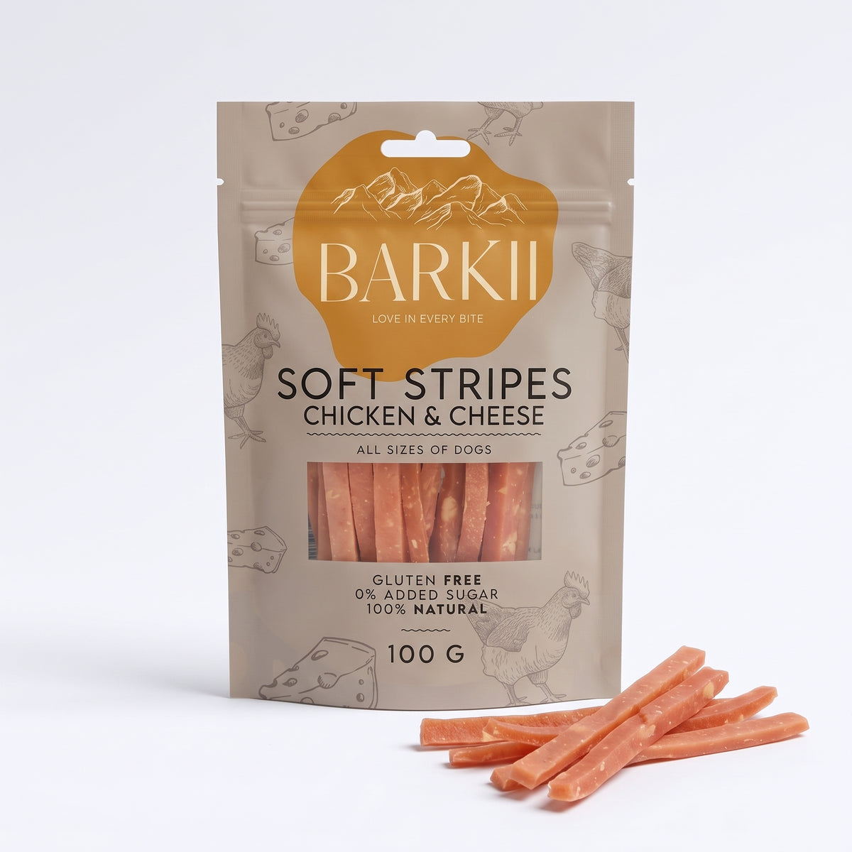 Barkii Soft Stripes Godbitar | Chicken & Cheese | 100g.