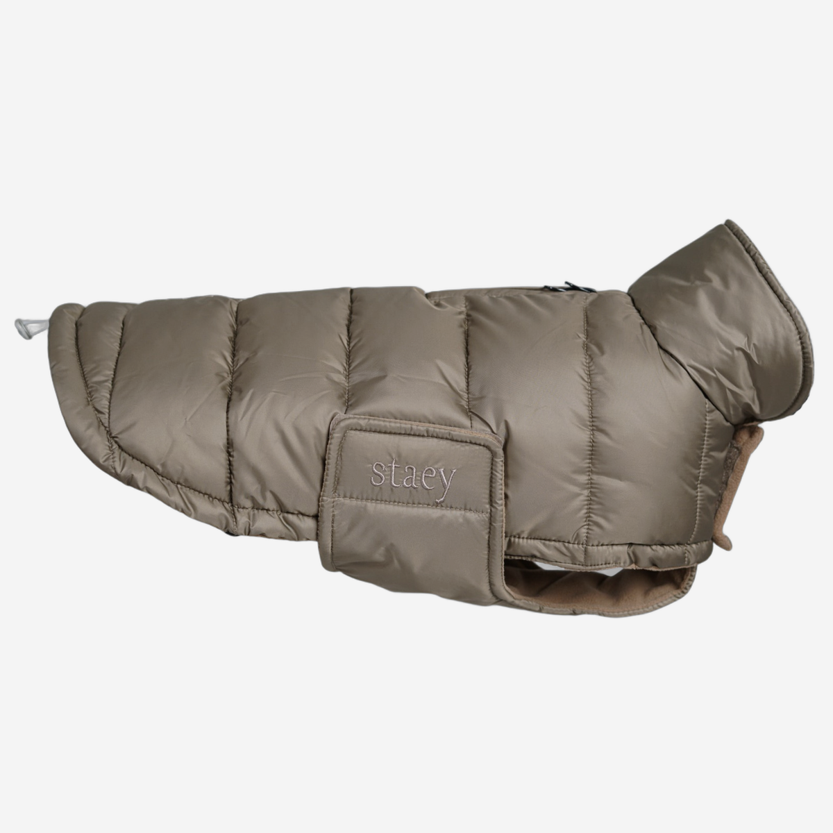Nora quilted dog coat in taupe with adjustable belly strap, side view